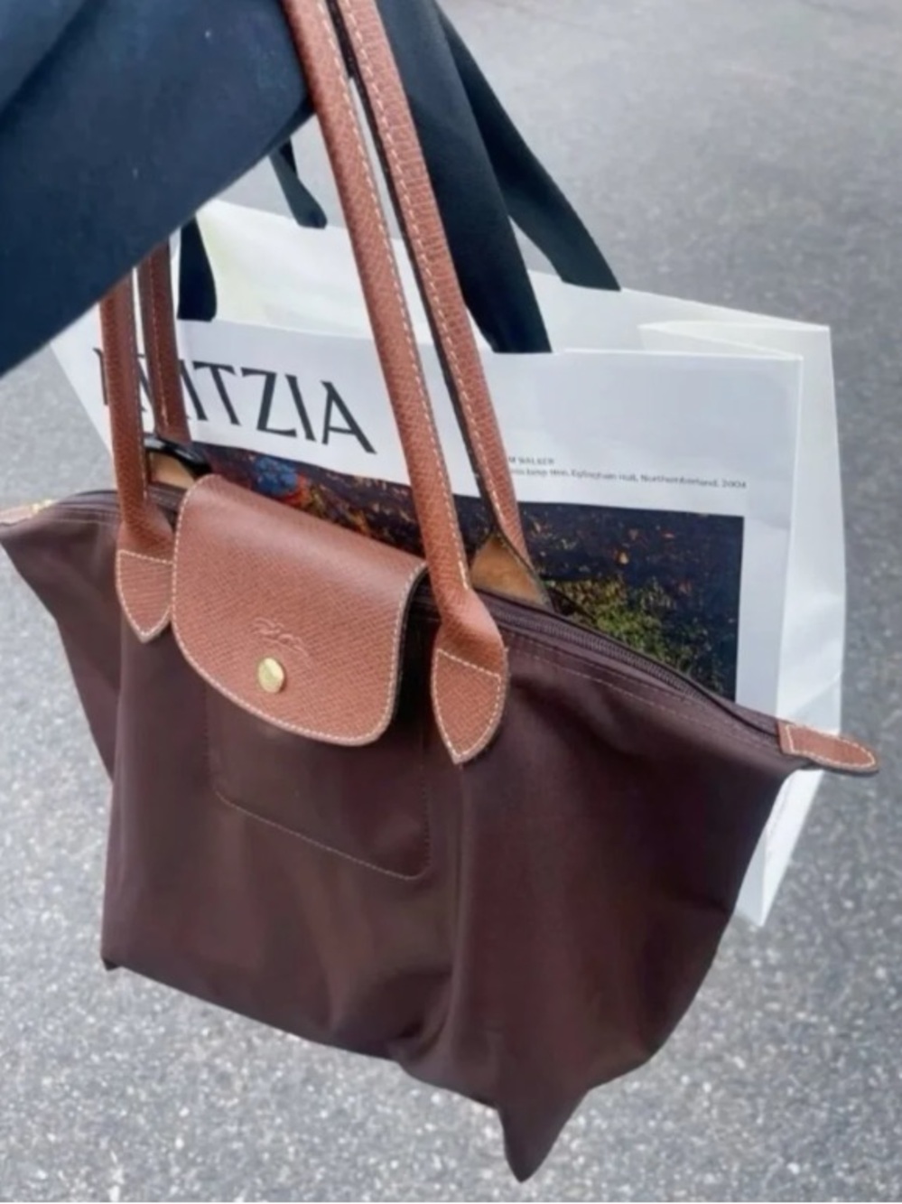 Longchamp Le Pliage Large Brown Nylon Long Handle Tote Bag - Picture 2 of 4